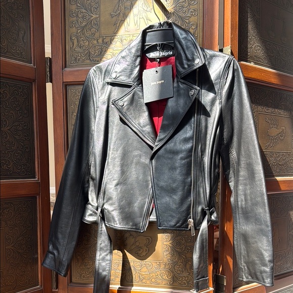 Palm Angels Logo Print Leather Belted Biker Jacket - Picture 8 of 12